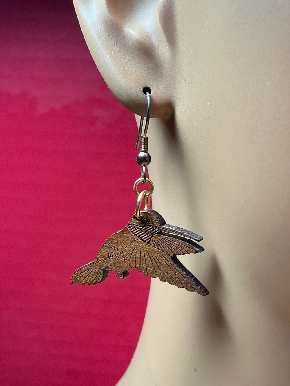 Hummingbird Dangle Earrings. Wood and Metal. 1.75” long. Lightweight